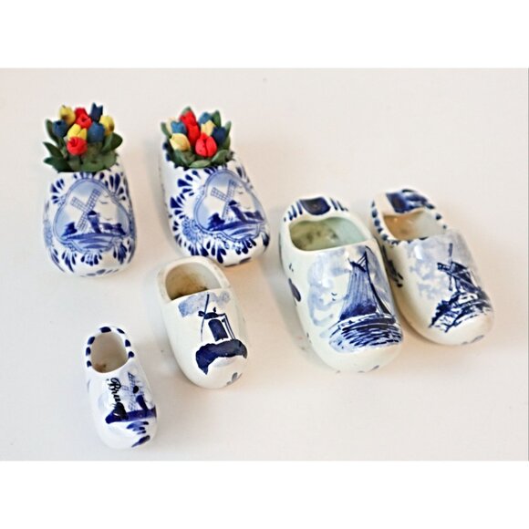 6 Vintage Delft Blue Dutch Shoe Ashtray Tulips Miniature Holland Delftware - Picture 1 of 6
